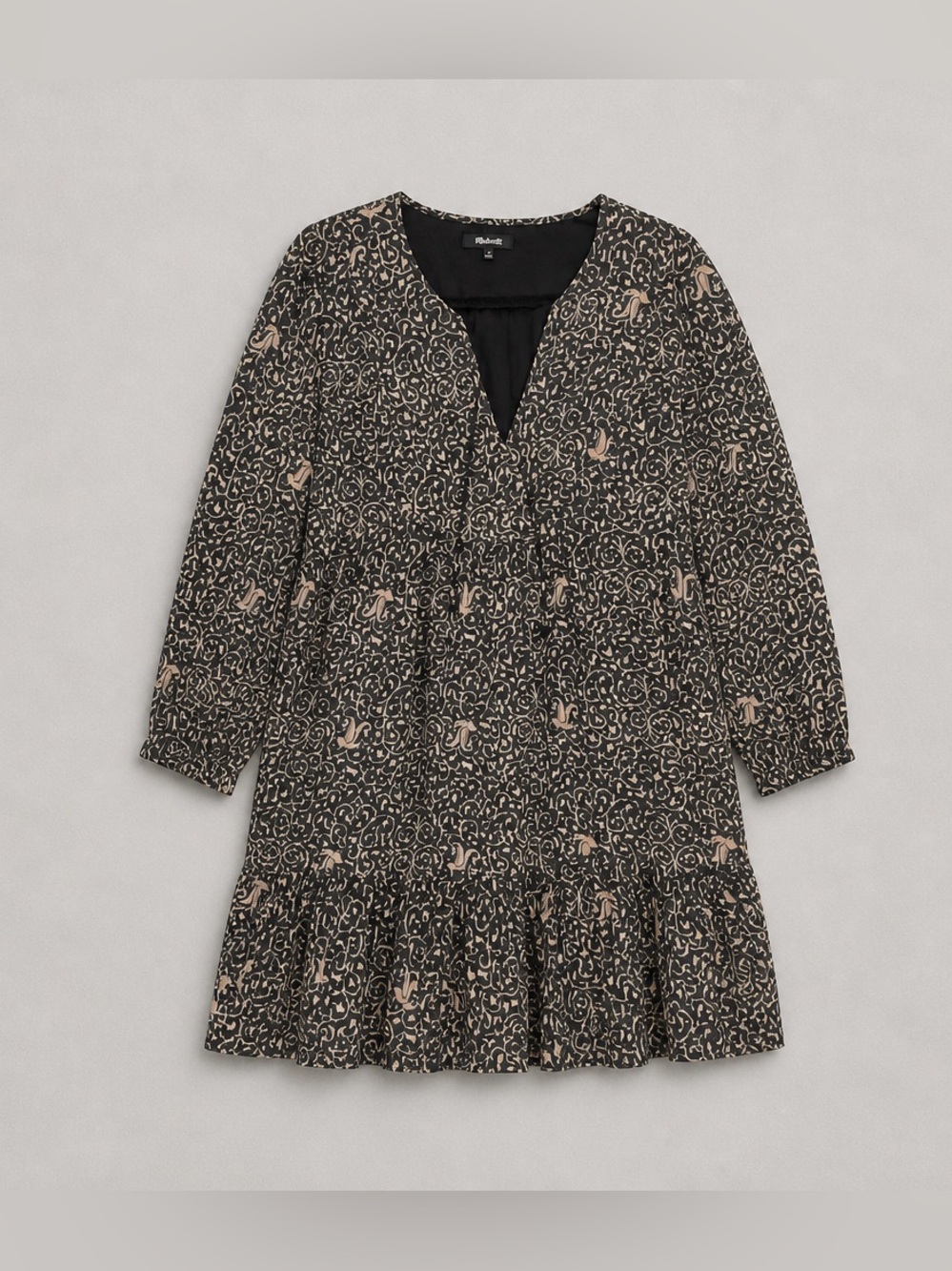 Madewell Black and Beige Long Sleeve V-Neck Tiered Dress